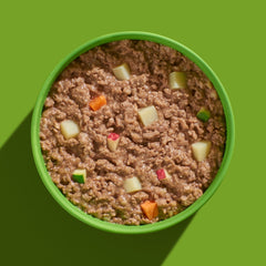 FRED Wildschwein Nassfutter mit Kartoffeln und Karotten in grüner Schüssel, cremige Textur, gesunde Zutaten für Hunde.