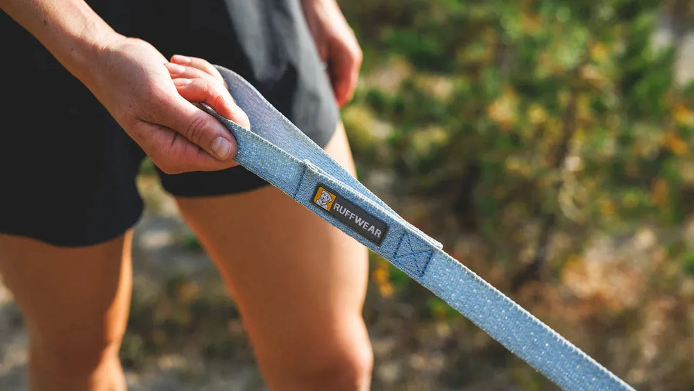 Person hält eine hellblaue Hundeleine von Ruffwear vor unscharfen grünen Bäumen im Hintergrund.