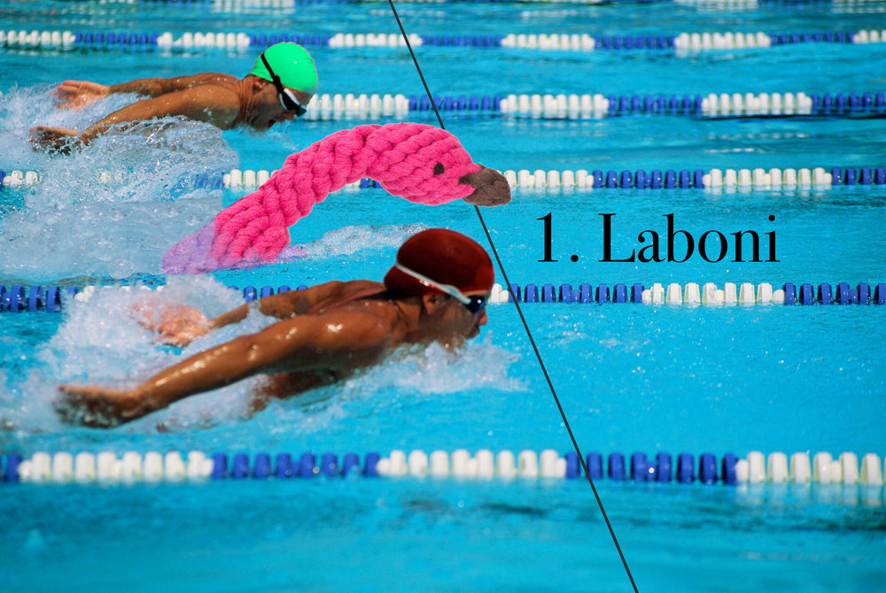 Zwei Schwimmer im Wettkampf im Pool, einer mit grüner, der andere mit roter Badekappe, vor pinkem Wasserpark-Hintergrund.