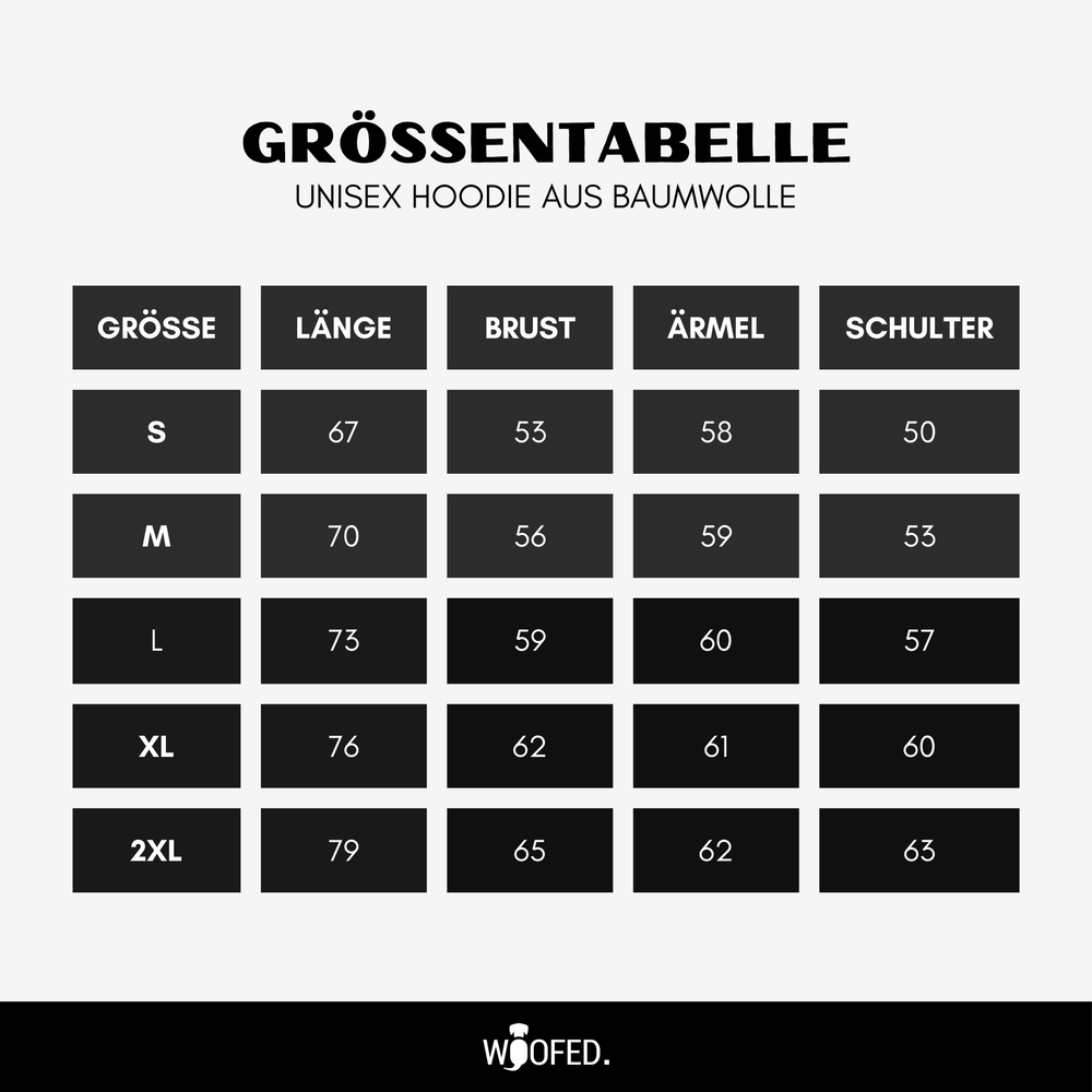 Größentabelle für Unisex-Hoodie "F*** humans love dogs" mit Maßen für S, M, L, XL und 2XL in klarer Struktur.