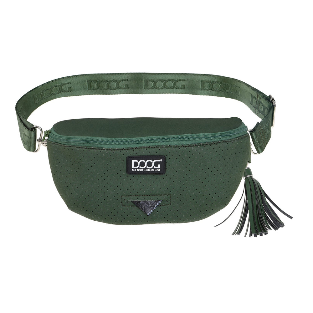 DOOG Neosport Hip Belt in sattem Grün, perforiertes Material, Reißverschluss und dekorative Quaste. Ideal für aktive Outfits.