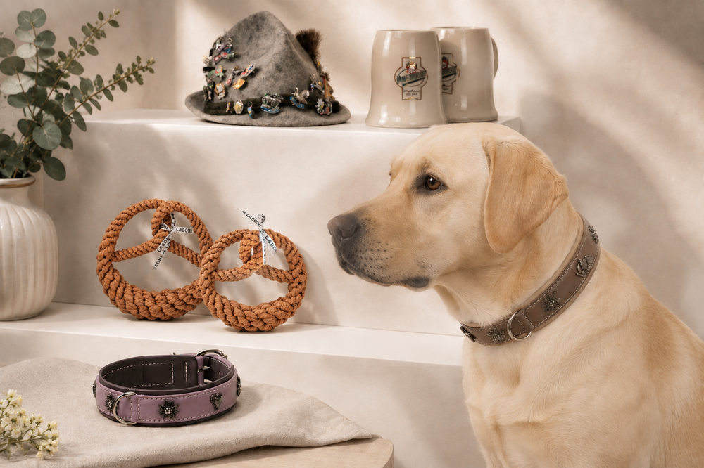Labrador sitzt neben handgefertigten Hundehalsbändern in lila und braun sowie dekorativen runden Objekten.
