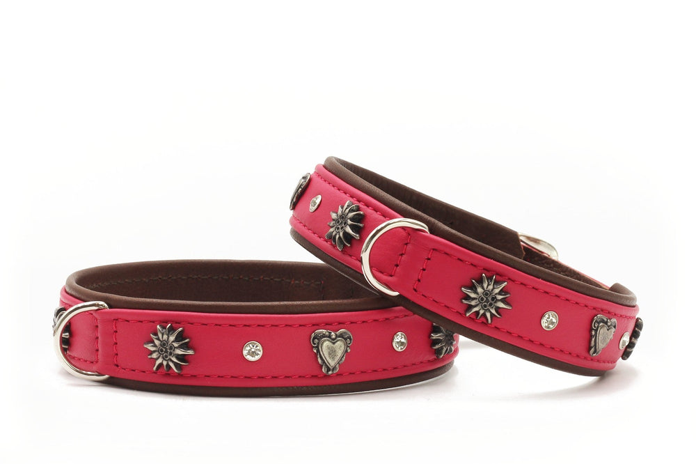 Zwei pinkfarbene Lederhalsbänder mit Herz- und Sonnensymbolen sowie Strasssteinen für Hunde.