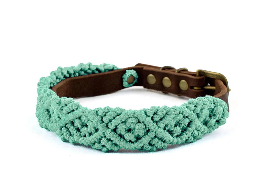 Makramee Lederhalsband 'Boho' in mintgrün und braun, geflochtenes Garn im dekorativen Muster für stilvolle Hunde.