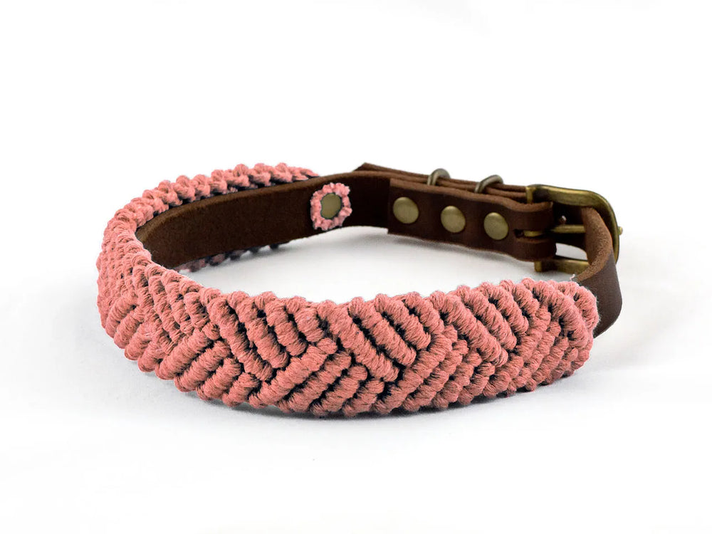 Geflochtenes Hundehalsband 'Boho' aus pinker Schnur und braunem Leder mit verstellbarer Schnalle und Druckknopf.