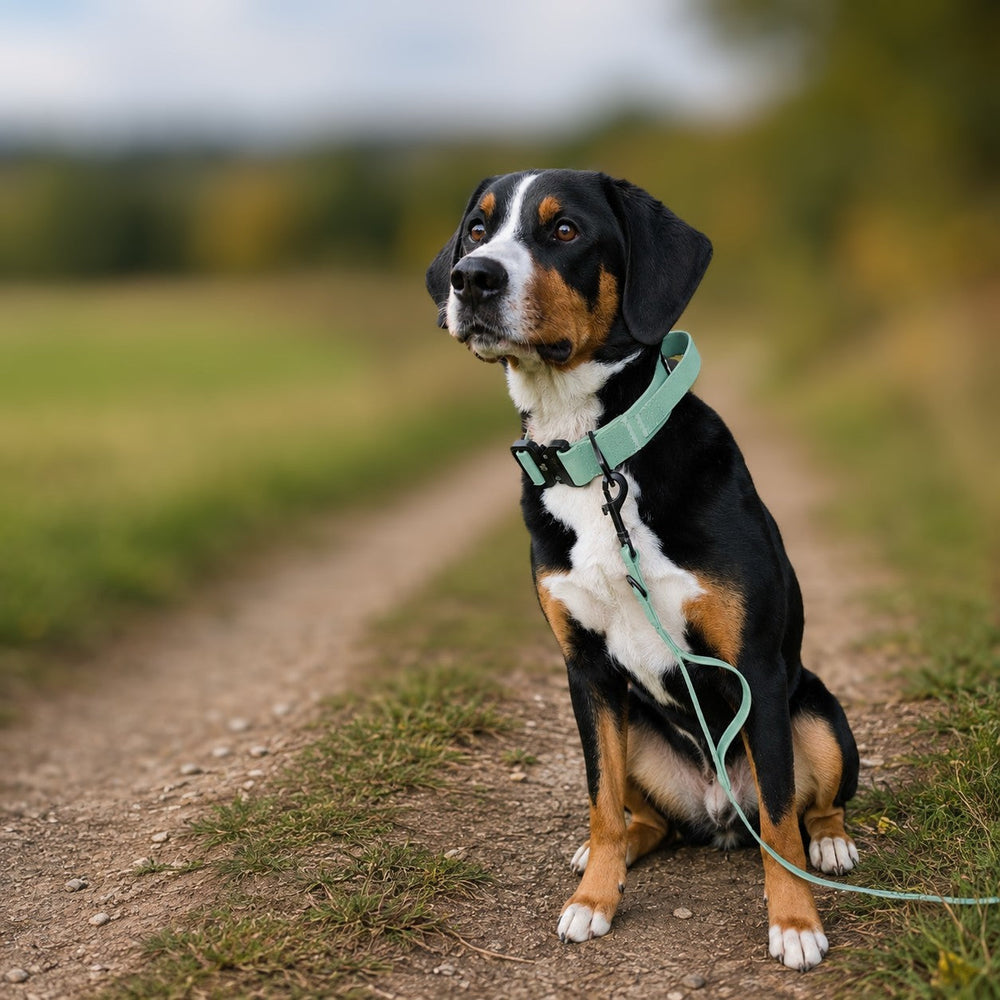 Schwarz-brauner Hund mit weißem Fleck im mintgrünen Geschirr auf einem Weg mit WOOFLEX® Classic Leine.