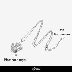Silberne Halskette mit glitzerndem Pfotenanhänger und beschwerendem Element für Tierliebhaber.