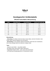 Größenübersicht für Hundegeschirre von Fellino mit Maßtabelle und Messhinweisen.