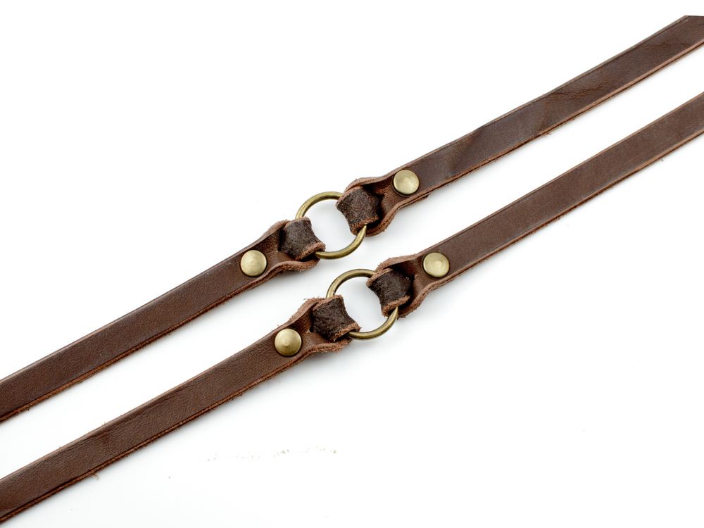 Braune Lederleine mit goldfarbenen Ringen, ideal für Spaziergänge im Freien. Hochwertige Verarbeitung und stilvolles Design.