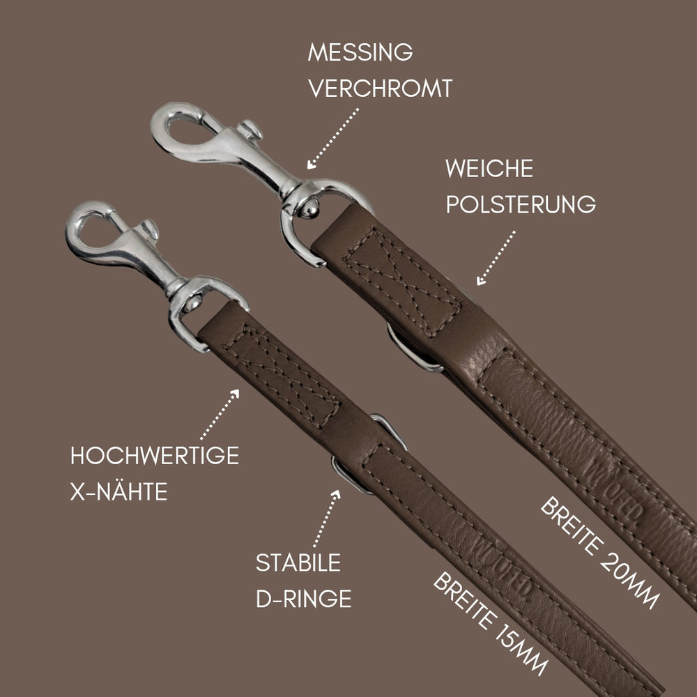 Braune Lederführleine Classic Soft mit weicher Polsterung, stabilen D-Ringen und verchromtem Messing, in zwei Breiten erhältlich.