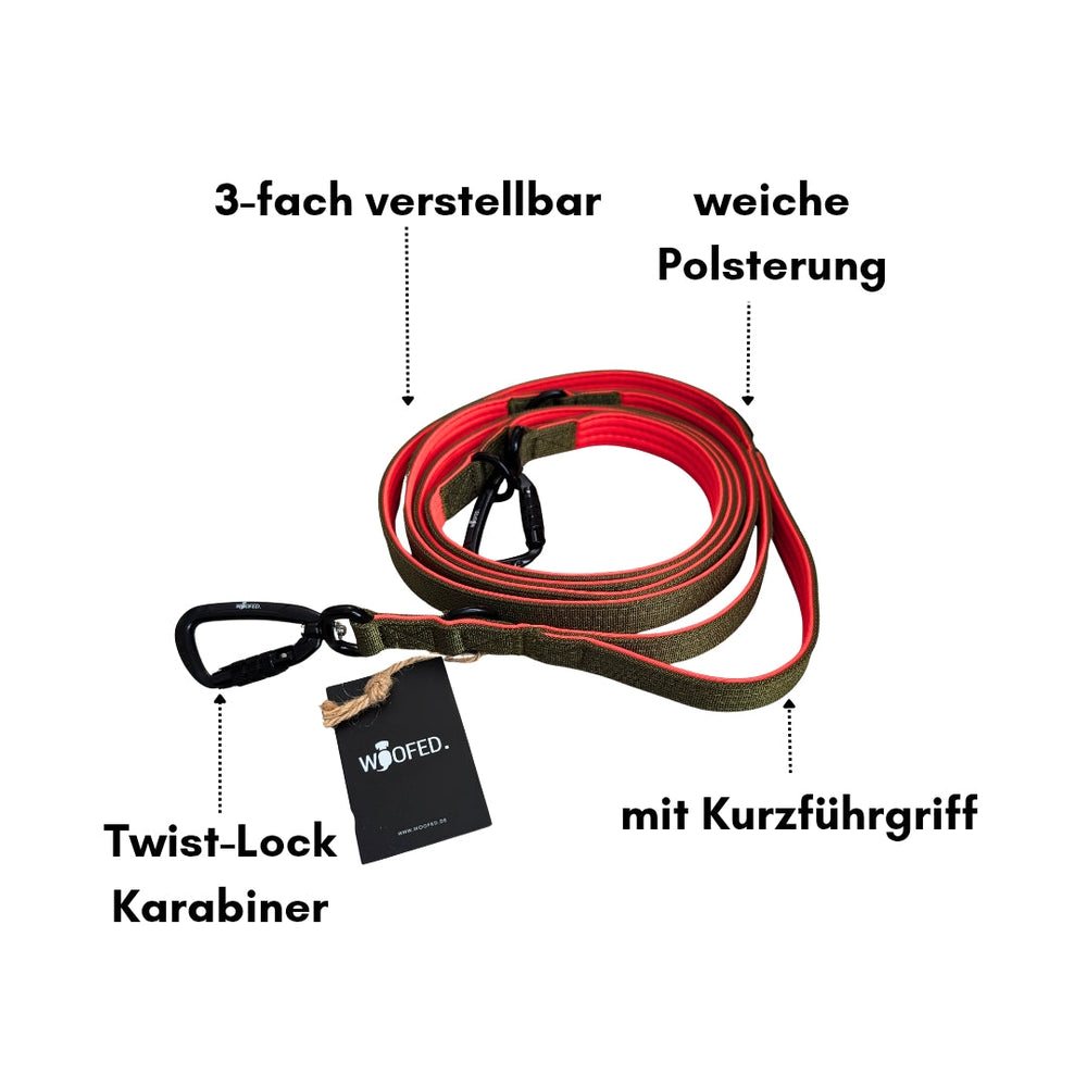 Rote und graue Nylon Führleine für Hunde, dreifach verstellbar mit weicher Polsterung und Twist-Lock Karabiner.