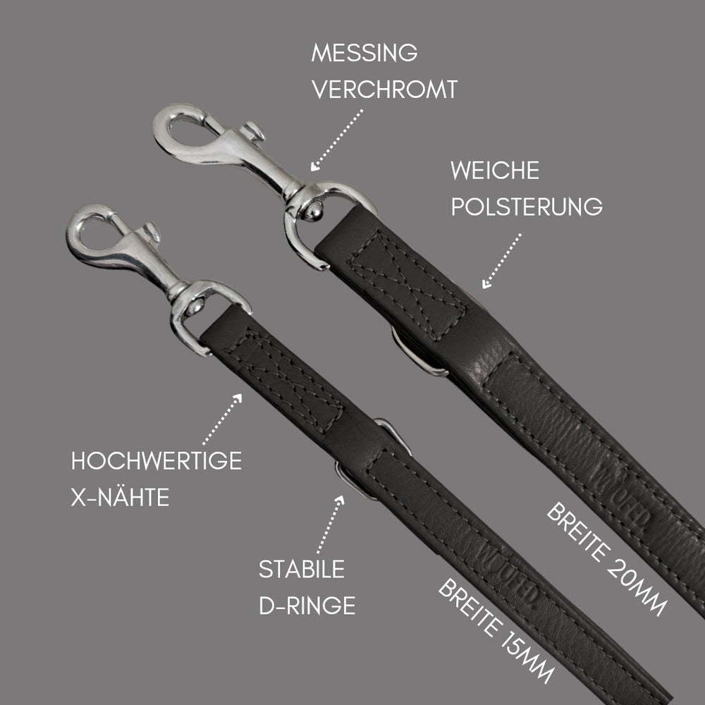 Schwarze Lederführleinen Classic Soft in 15 mm und 20 mm Breite mit stabilen D-Ringen und X-Nähten, ideal für Hunde.