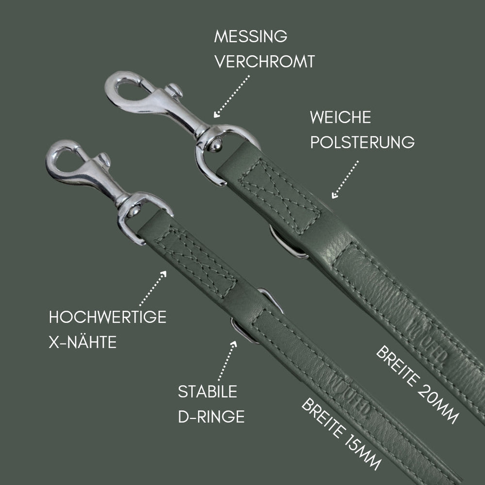 Zwei strapazierfähige Leder-Hundeleinen Classic Soft in 15 mm und 20 mm Breite mit verchromten Messingbeschlägen und Polsterung.