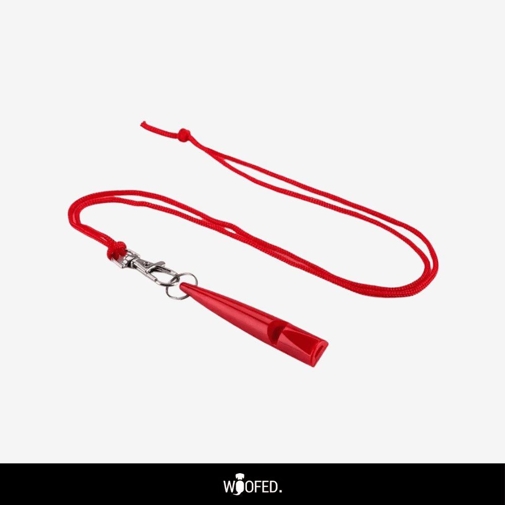 Rote Hundepfeife mit schwarzem geflochtenem Halsband und Karabinerhaken zur effektiven Hundeerziehung.