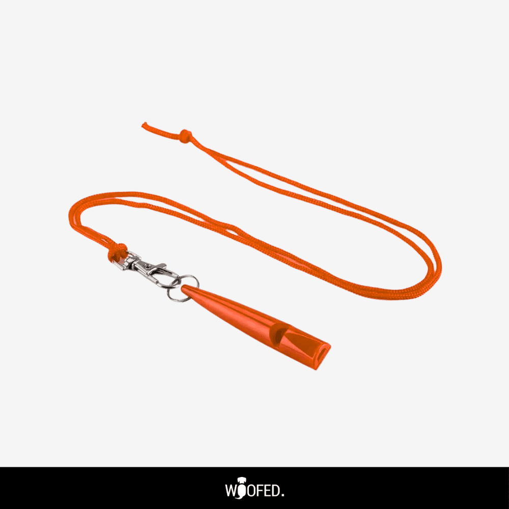 Orangefarbene Hundepfeife mit Schnur und Karabiner für die effektive Hundeausbildung.