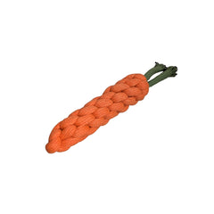 Orangefarbenes, geflochtenes Hundespielzeug in Karottenform mit grünen, geflochtenen Enden. Ideal für Spiel und Spaß!