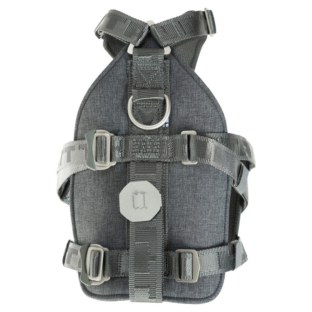 Graues, verstellbares Hundegeschirr Travel Harness ECO mit gepolstertem Komfortbereich und D-Ring für sichere Autofahrten.