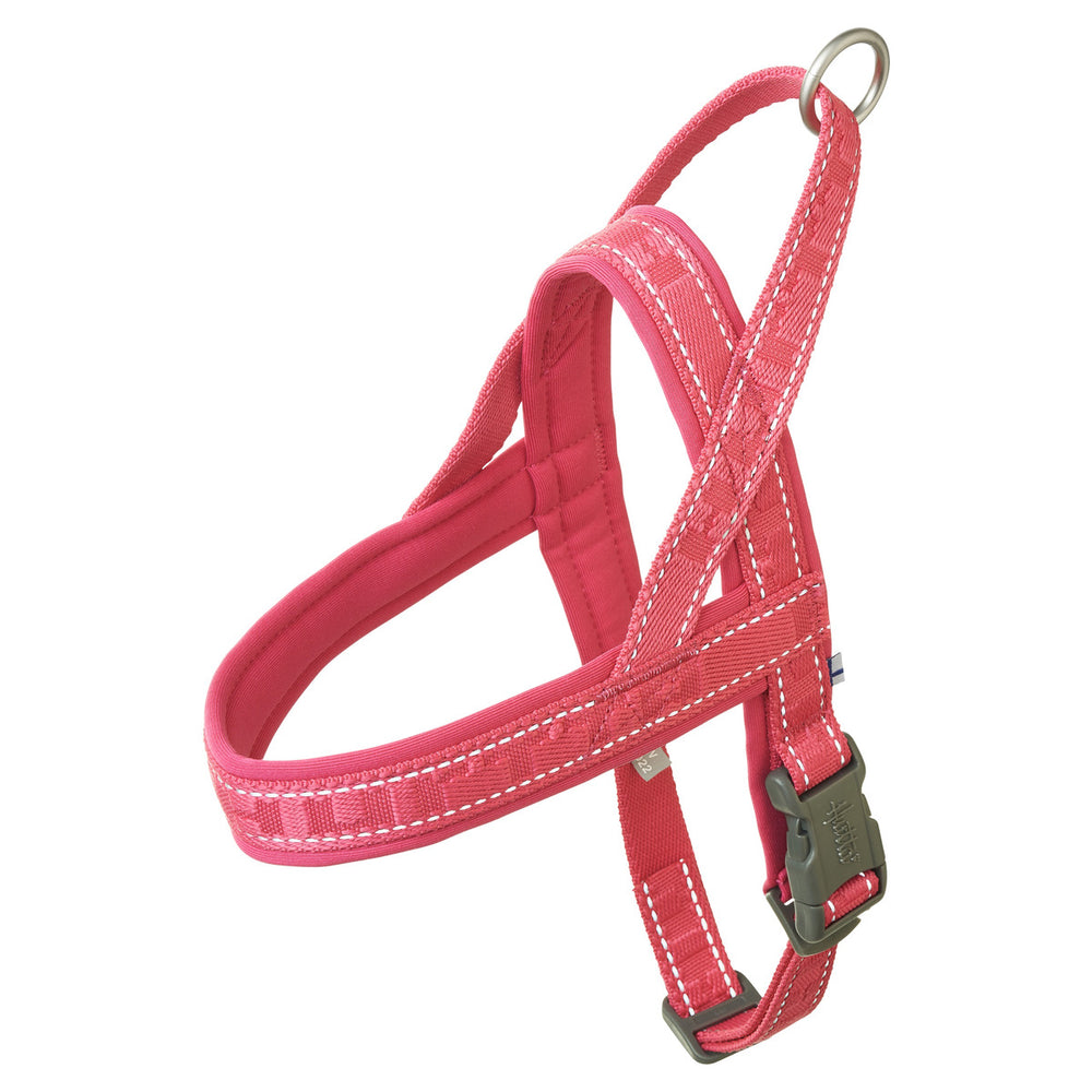 Rotes ECO Hundegeschirr mit weißen Nähten, Klickverschluss und Metallring für Leine. Perfektes Casual Harness für Spaziergänge.