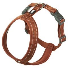 Hundegeschirr Casual Y-Harness ECO in rostbraun, strapazierfähig, mit verstellbaren Riemen und D-Ring für die Leinenbefestigung.