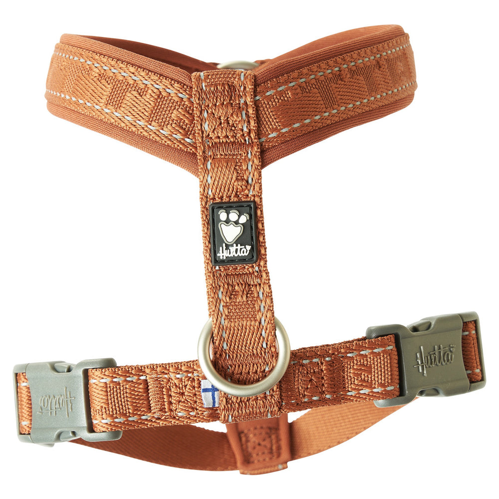 Orangfarbenes, strapazierfähiges Hundegeschirr Casual Y-Harness ECO mit gepolstertem Brustbereich und D-Ring zur Leinenbefestigung.