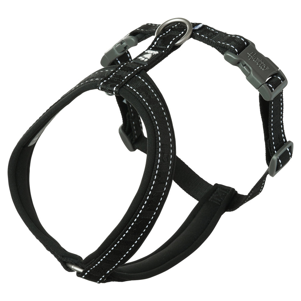 Schwarzes Hundegeschirr Casual Y-Harness ECO mit reflektierenden Nähten und verstellbaren Riemen für optimalen Sitz.