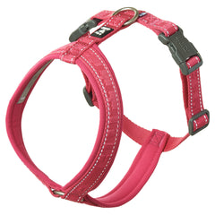 Rotes ECO Hundegeschirr mit weißen Nähten, verstellbaren Gurten, Metallring und Kunststoffschnallen für sicheren Sitz.