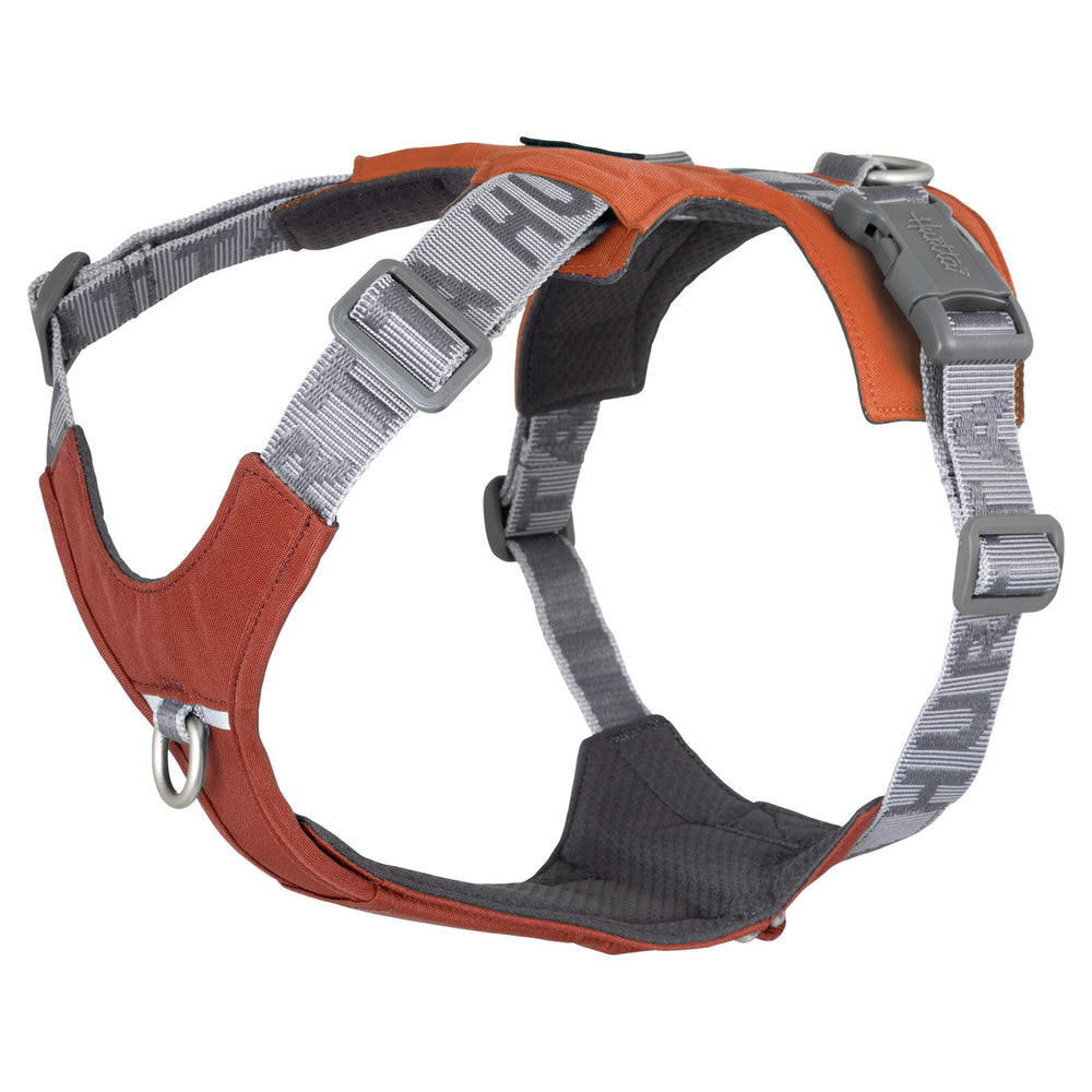 Rotes und graues Rover Harness Hundegeschirr mit verstellbaren Gurten, Schnallen und Metallring, robust und gepolstert für hohen Komfort.