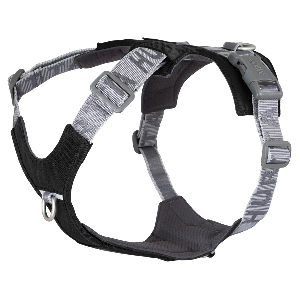 Schwarzes und graues Hundegeschirr Rover Harness mit verstellbaren Riemen, Metallring und gepolsterter Konstruktion für Komfort.