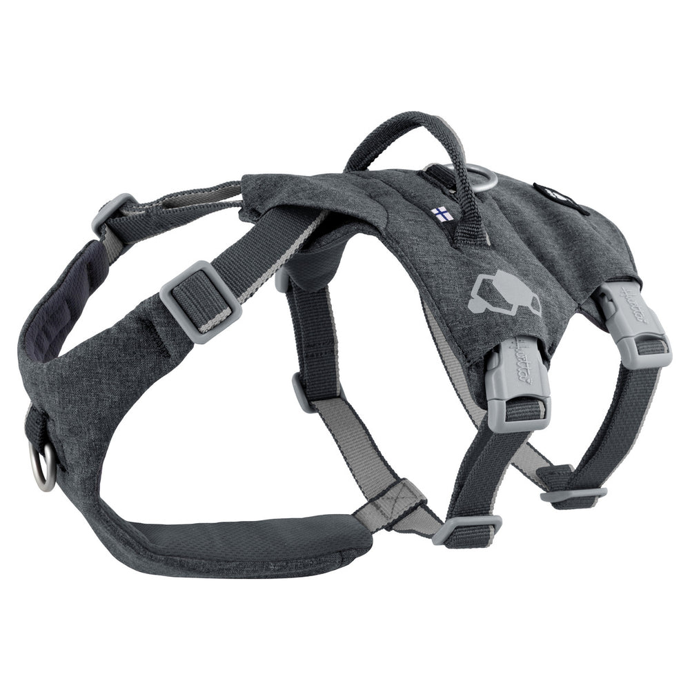 Dunkelgraues, verstellbares Hundegeschirr Safeguard Harness ECO mit robustem Haltegriff und Flaggenmotiv.