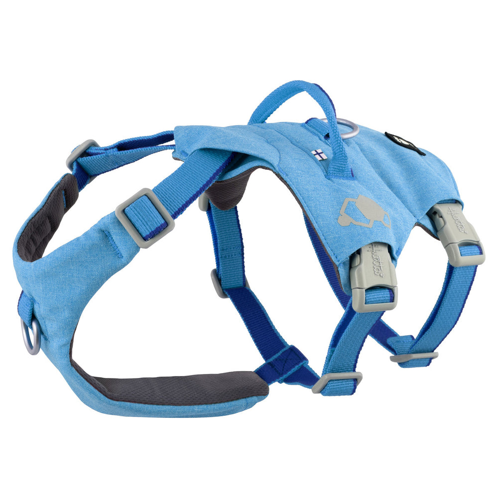 Blaues Hundegeschirr Safeguard Harness ECO, verstellbar mit Griff, reflektierenden Elementen, strapazierfähigem Material, für optimale Sicherheit.