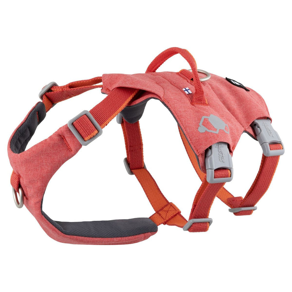 Rotes Safeguard Hundegeschirr ECO mit verstellbaren Riemen, gepolsterten Komfortbereichen, robusten Verschlüssen und Griff.