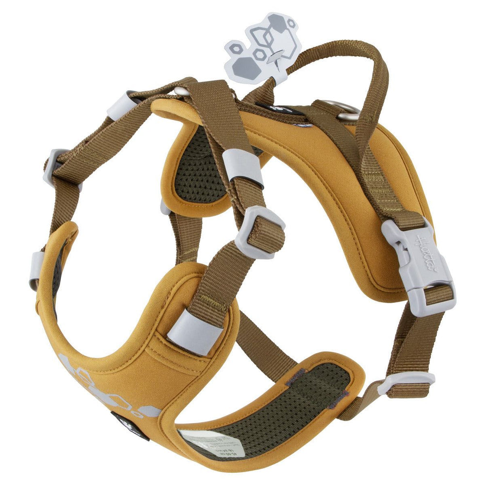 Neon Hundegeschirr Weekend Warrior Harness II in gelb-orange, verstellbar, gepolstert, mit Leinenöse und Kunststoffschnallen.