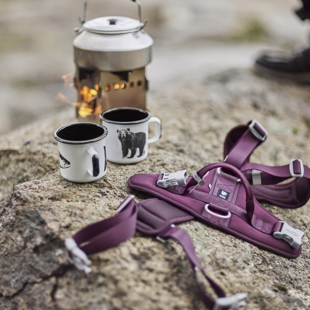 Lila Hundegeschirr Weekend Warrior Harness II Neon liegt neben Emaille-Bechern mit Tiermotiven auf Felsen, Campingkocher im Hintergrund.