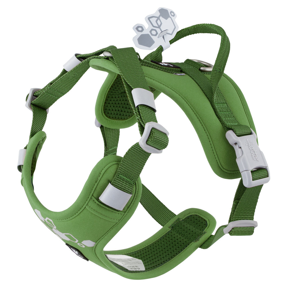 Grünes Hundegeschirr Weekend Warrior Harness II Neon mit verstellbaren Riemen, gepolstertem Material und reflektierenden Elementen.