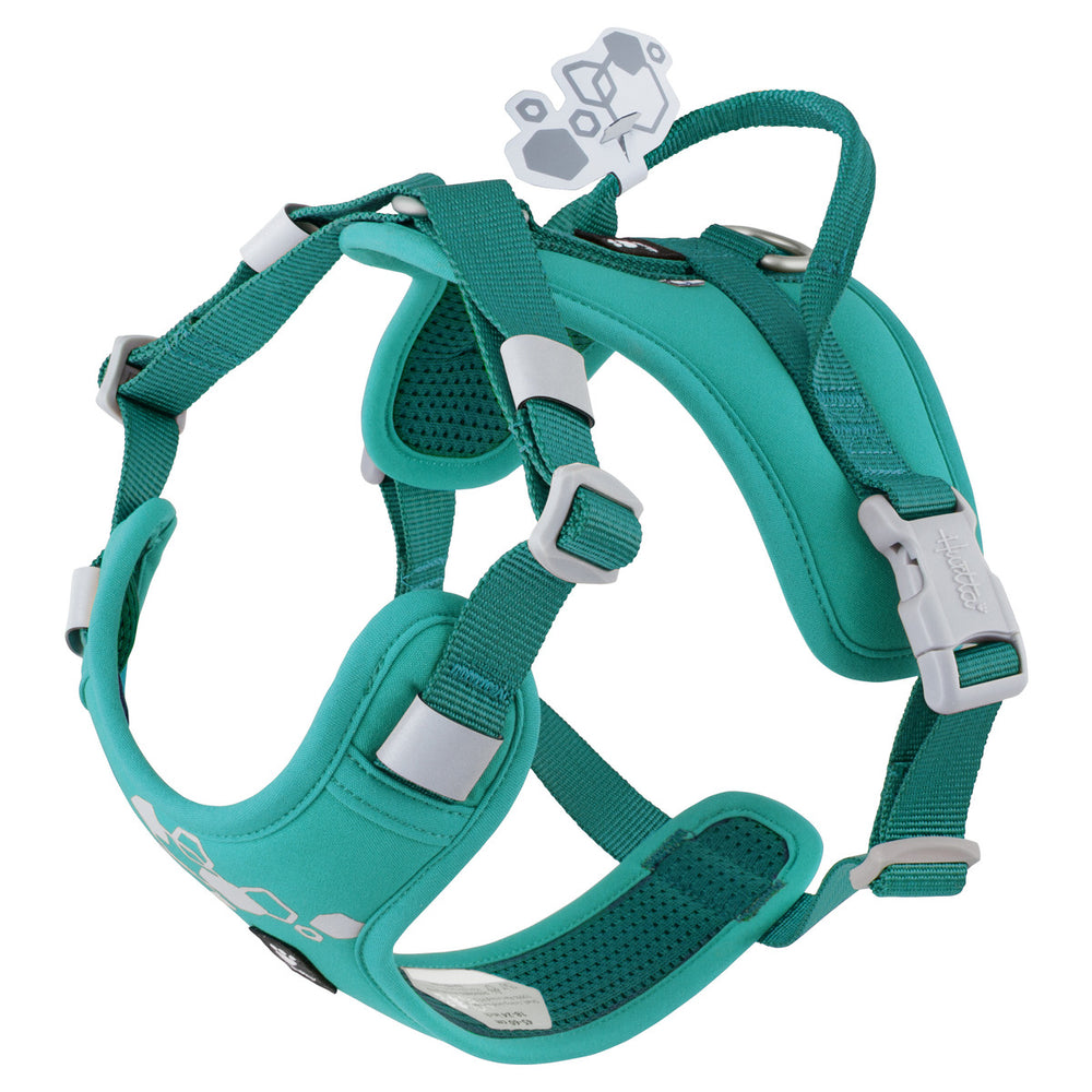 Türkisfarbenes Hundegeschirr Weekend Warrior Harness II mit Griff, gepolsterten Elementen und verstellbaren Gurten für Hunde.