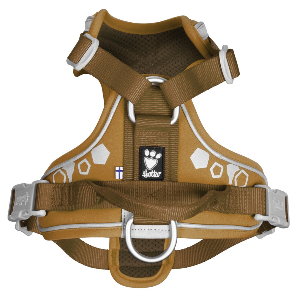 Braunes Hundegeschirr mit reflektierenden Details, verstellbaren Riemen, D-Ring zur Leinenbefestigung und Markenlogo. Perfekt für Outdoor.