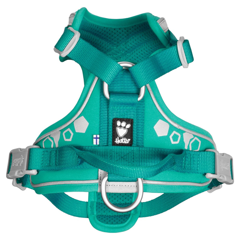 Türkisfarbenes Hundegeschirr Weekend Warrior mit reflektierenden Elementen, verstellbaren Riemen und Metallring für die Leine.