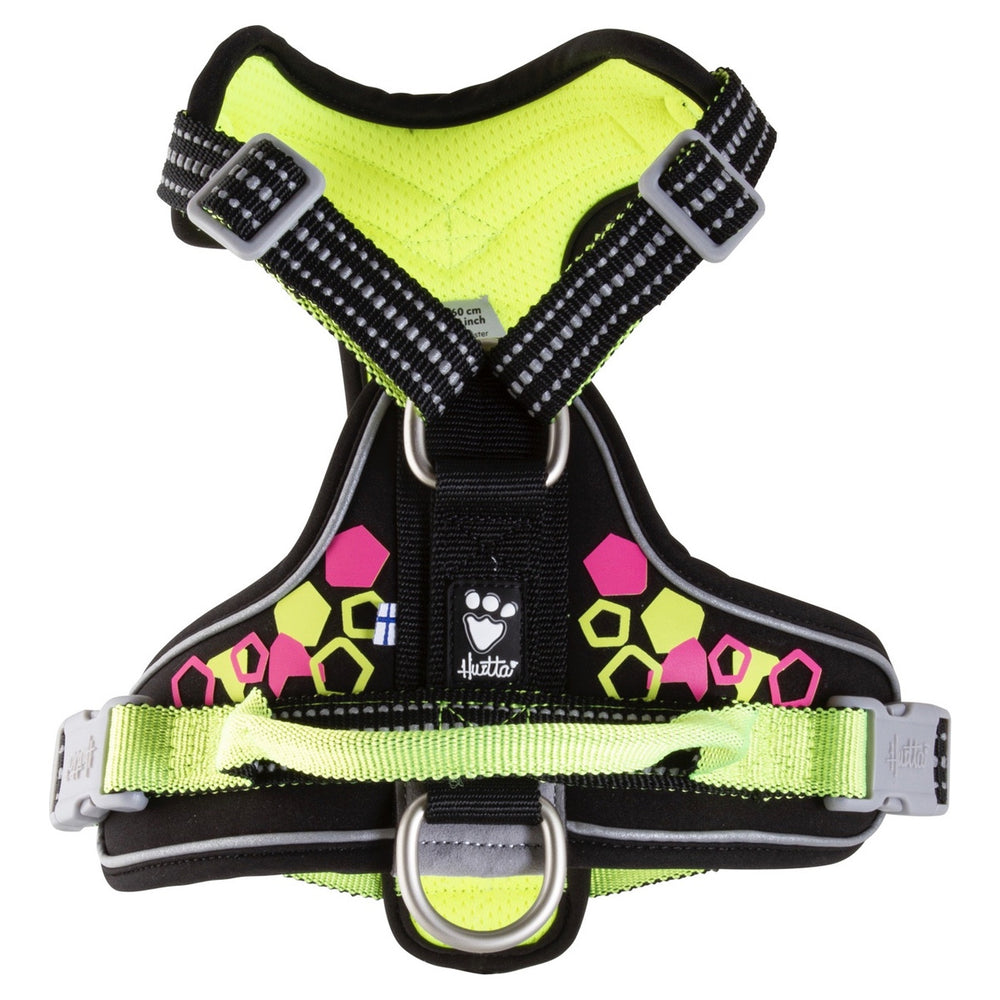 Leuchtend gelbes Hundegeschirr Weekend Warrior mit reflektierenden Streifen und verstellbaren Schnallen, verziert mit Sechsecken.