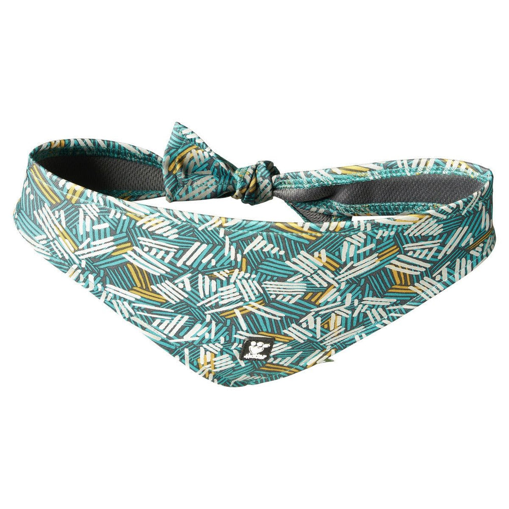 Hundehalstuch Zhero Safety Bandana ECO in Grün/Weiß/Gelb mit geometrischem Muster und Affenlogo, sicher um den Hals gebunden.