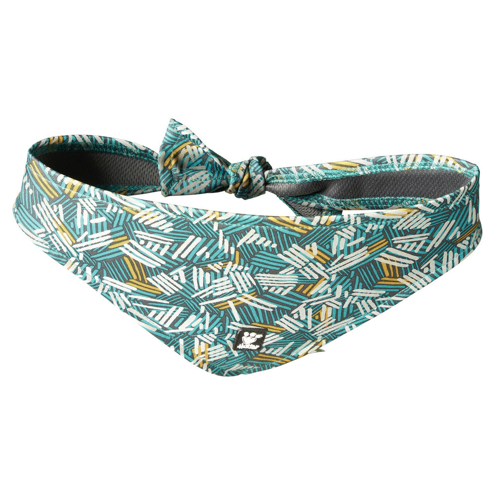 Hundehalstuch Zhero Safety Bandana ECO in Grün/Weiß/Gelb mit geometrischem Muster und Affenlogo, sicher um den Hals gebunden.