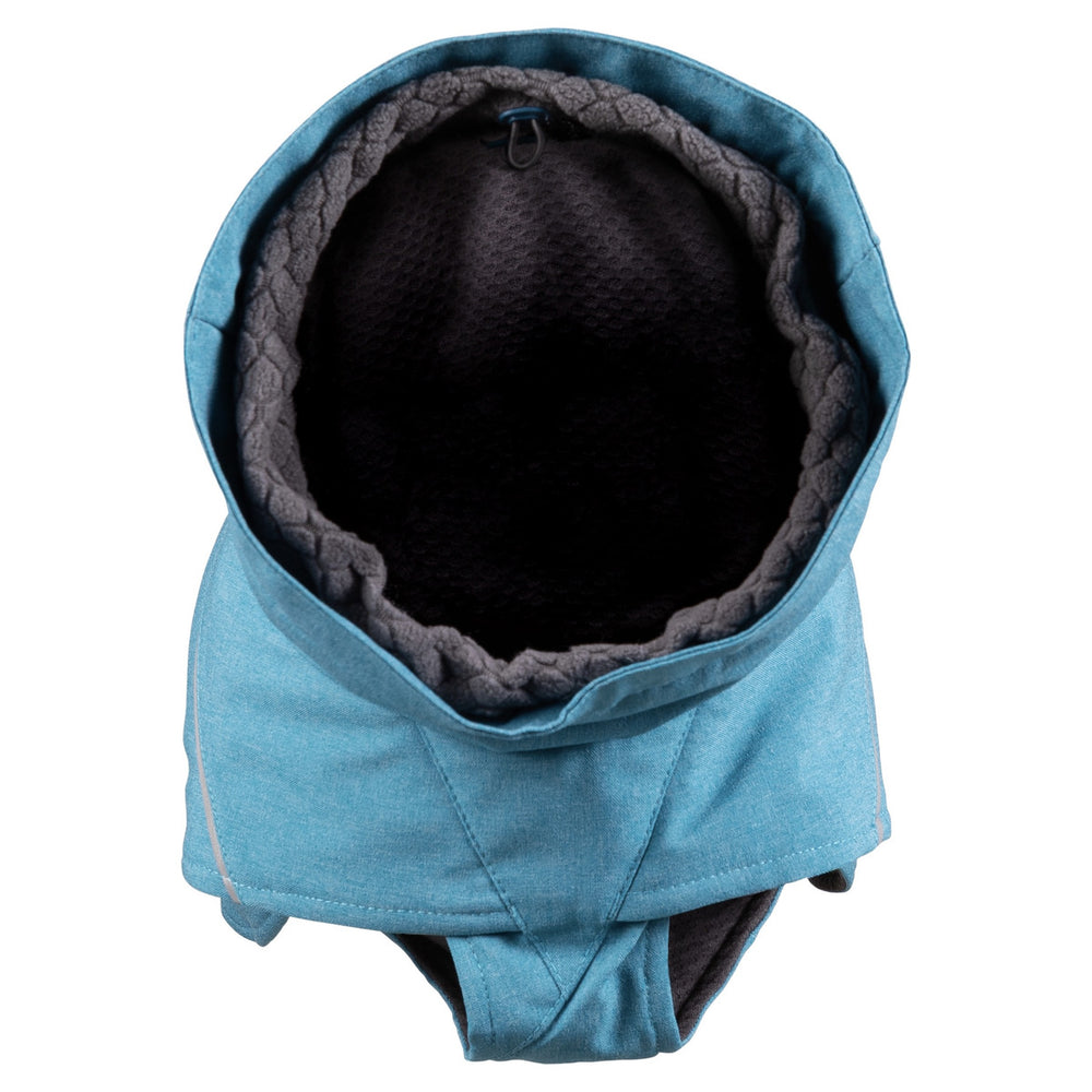 Hellblaue Hundejacke Expedition Parka II mit Kapuze und dunklem Futter, ideal für kaltes Wetter.