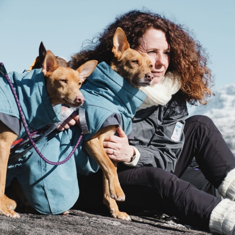 Frau mit zwei Hunden in blauen Mänteln vor schneebedeckten Bergen, Hundejacke Expedition Parka für kaltes Wetter.