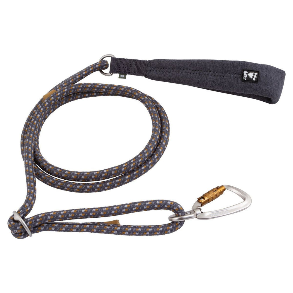 Hundeleine aus geflochtenem Material in Blau, Grau und Gold mit Metallkarabiner und gepolstertem Griff für hohen Komfort.