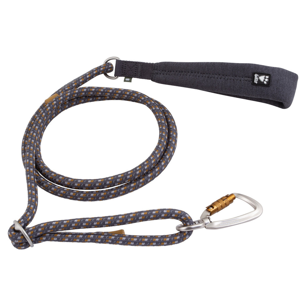 Hundeleine aus geflochtenem Material in Blau, Grau und Gold mit Metallkarabiner und gepolstertem Griff für hohen Komfort.