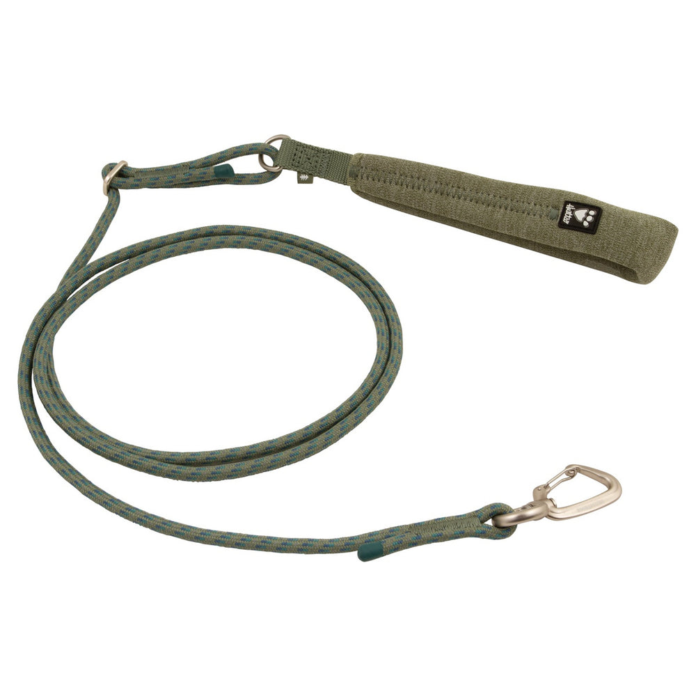 Grüne Hundeleine aus Seil mit gepolstertem Griff und Metallkarabiner, umweltfreundlich, verstellbar, ideal für Hunde.