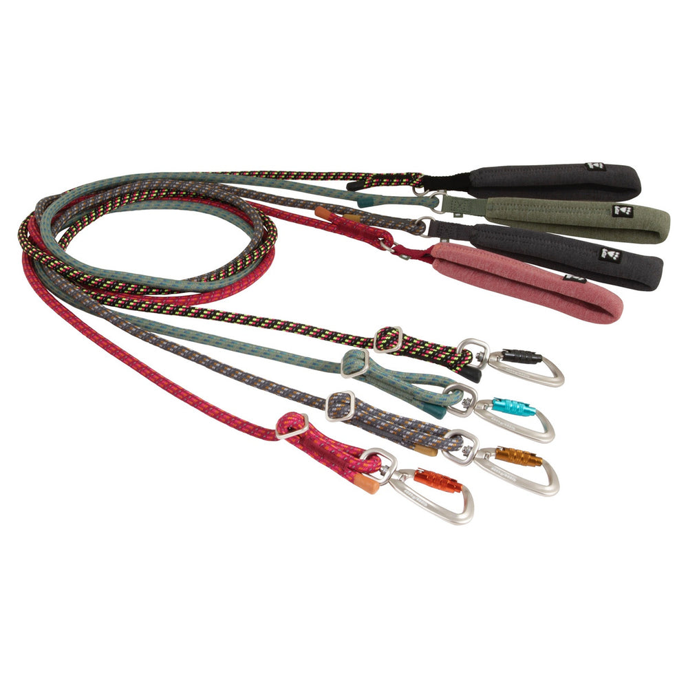 Geflochtene Hundeleinen in bunten Farben mit gepolstertem Griff und Karabinerhaken, ideal für umweltbewusste Hundebesitzer.
