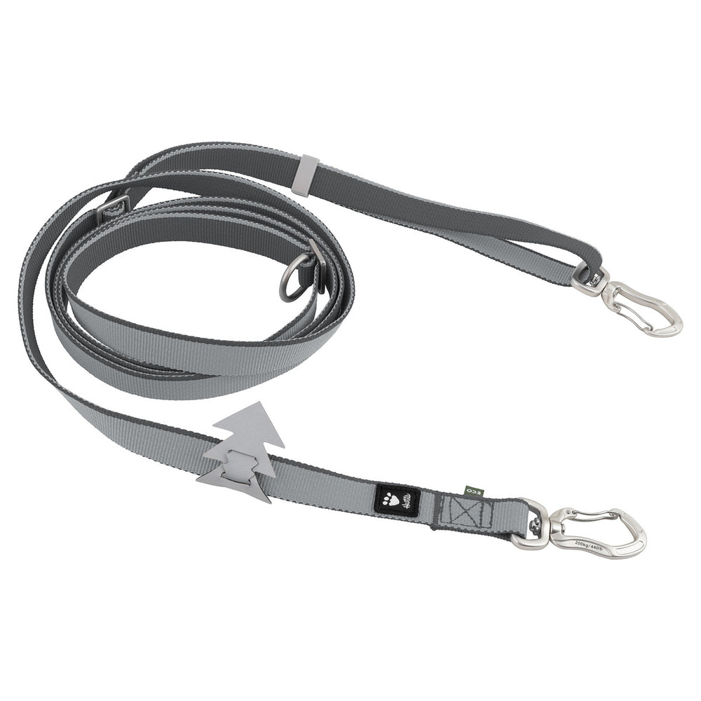 Graue Hundeleine Multilong Leash II mit Karabiner, strapazierfähig, vielseitige Befestigungen, Pfeil-Verzierung.