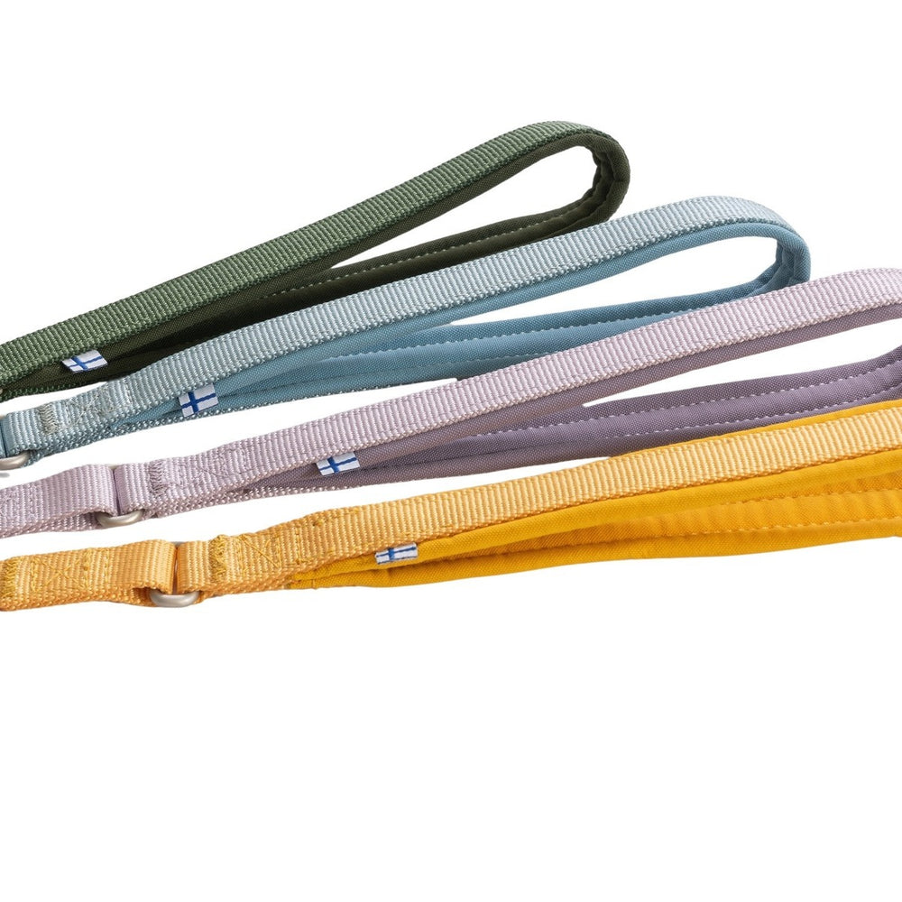 "Hundeleinen Seeker in olivgrün, hellblau, lila und orange mit schlanker textile Struktur und Metallschlaufe."