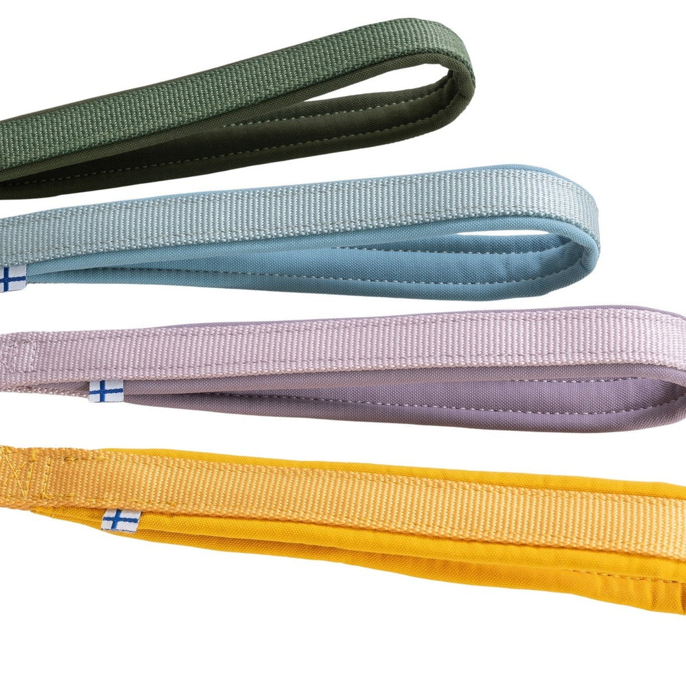 Bunte Hundeleinen in Olivgrün, Hellblau, Flieder, Rosa und Gelb aus robustem Material für stilvolle Ausflüge mit Ihrem Hund.