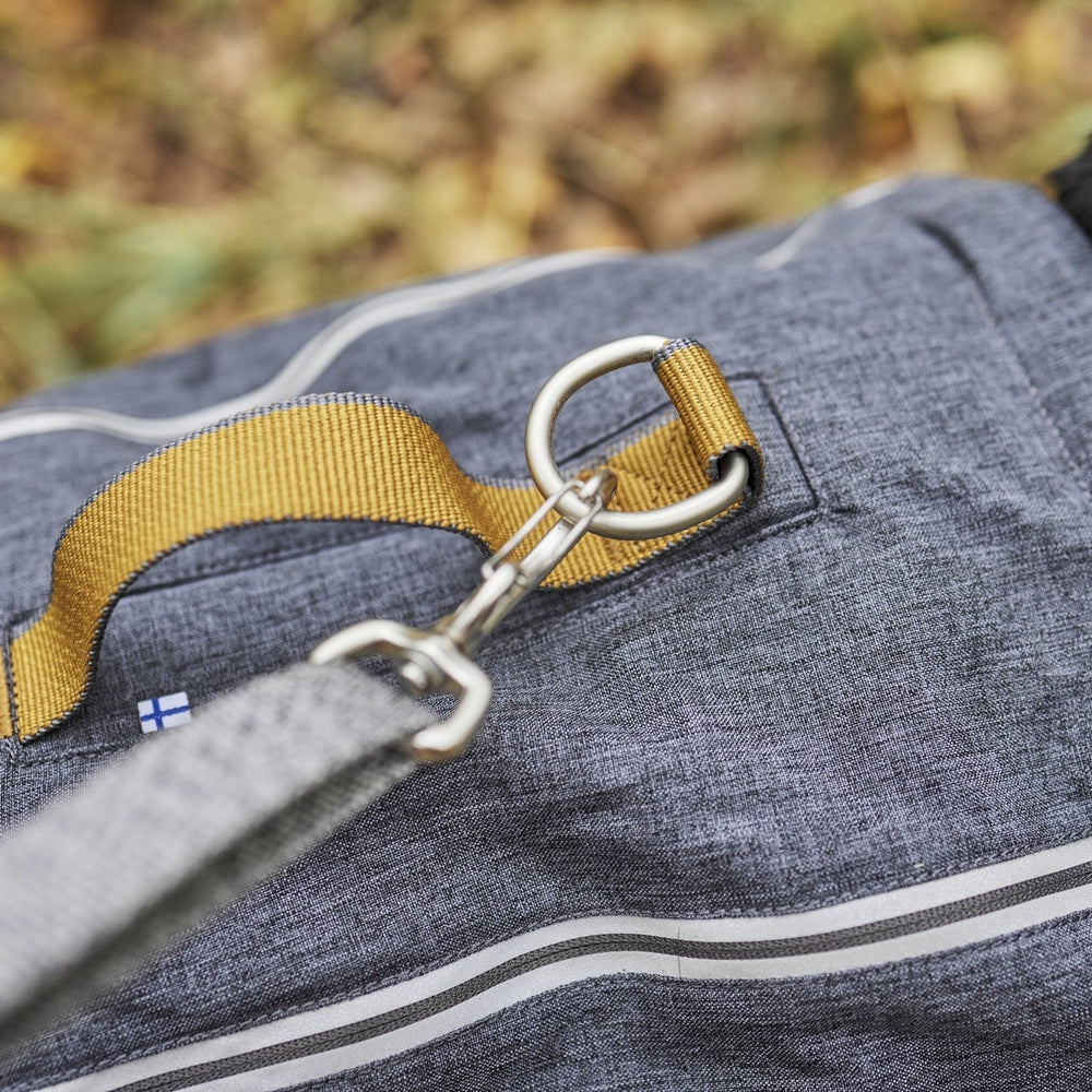 Grauer Hunderucksack Expedition Pack ECO mit gelbem Gurt, Metallkarabiner und Flaggenetikett vor herbstlichem Hintergrund.